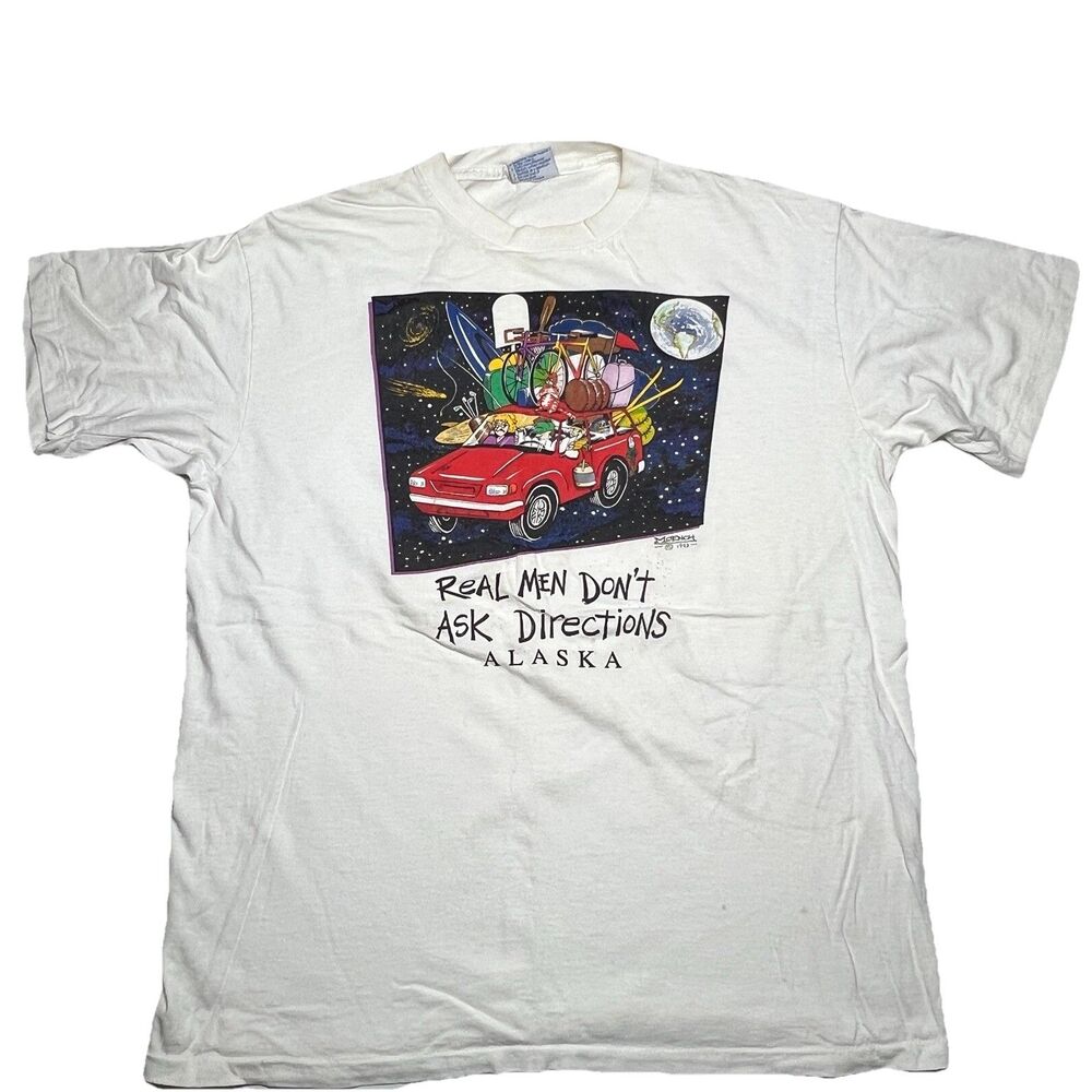 Vtg Real Men Don't Ask Directions Shirt Mens XL Moech Art Comic Funny 1993